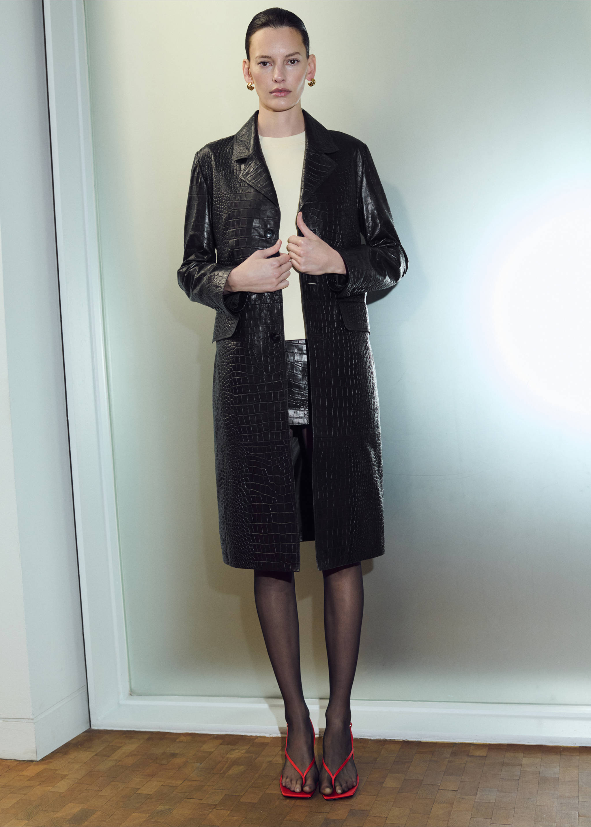 Crocodile-effect faux fur coat - General plane, Black. Ref: 27094772-00.