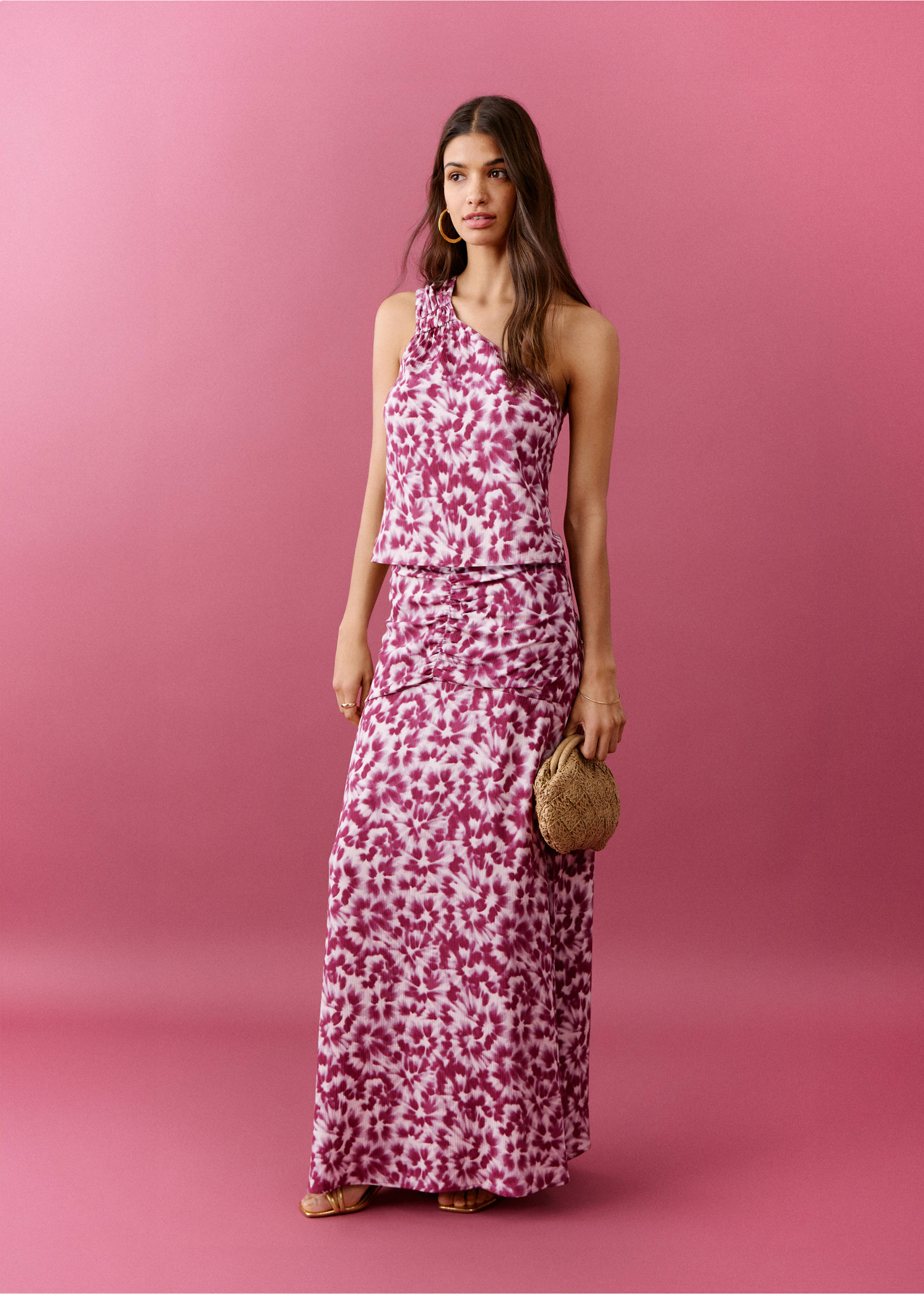 Юбка с принтом и сборками на талии - Общий план, Розовый. Ref: 27095809-00.