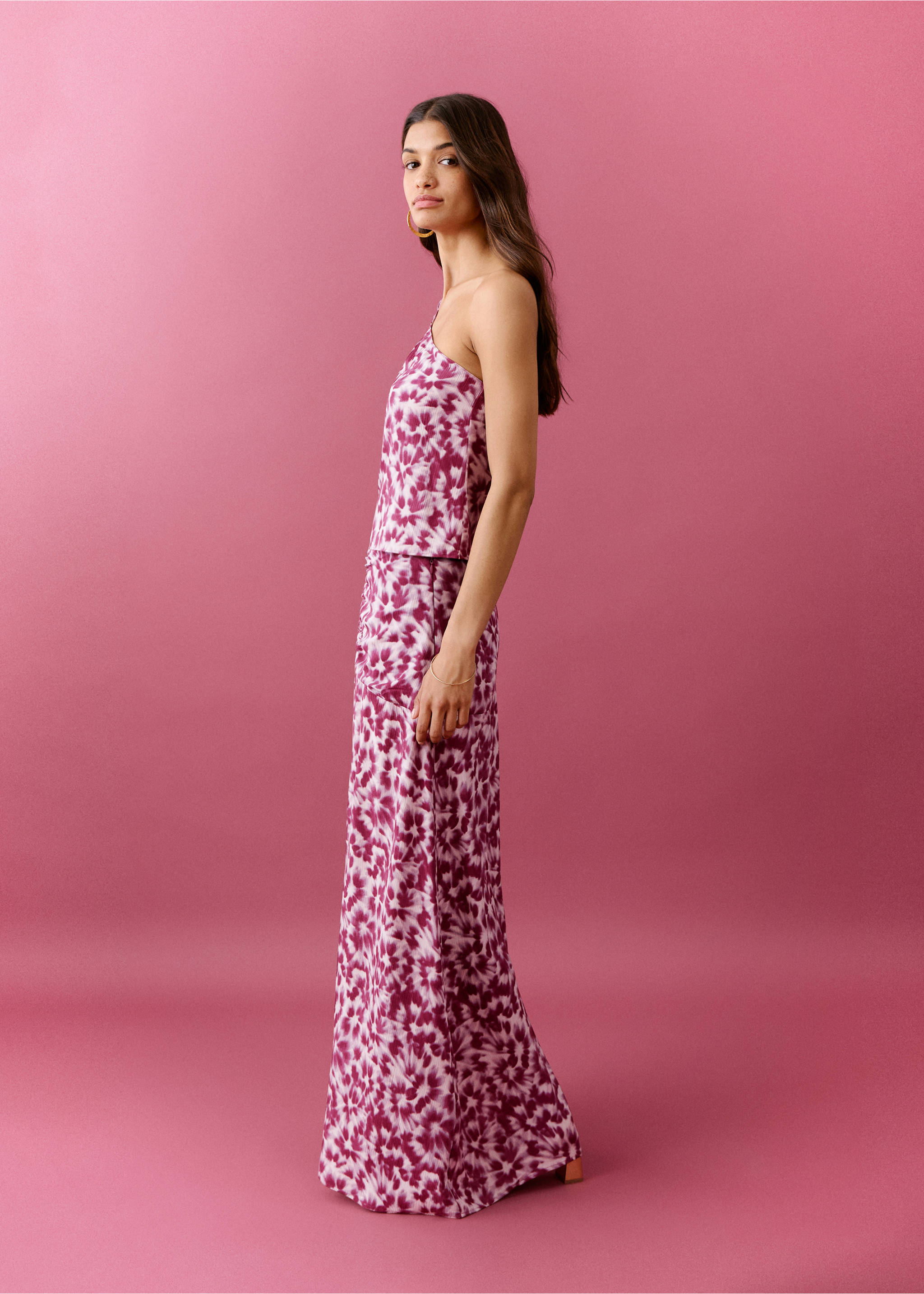 Юбка с принтом и сборками на талии - Средний план, Розовый. Ref: 27095809-00.