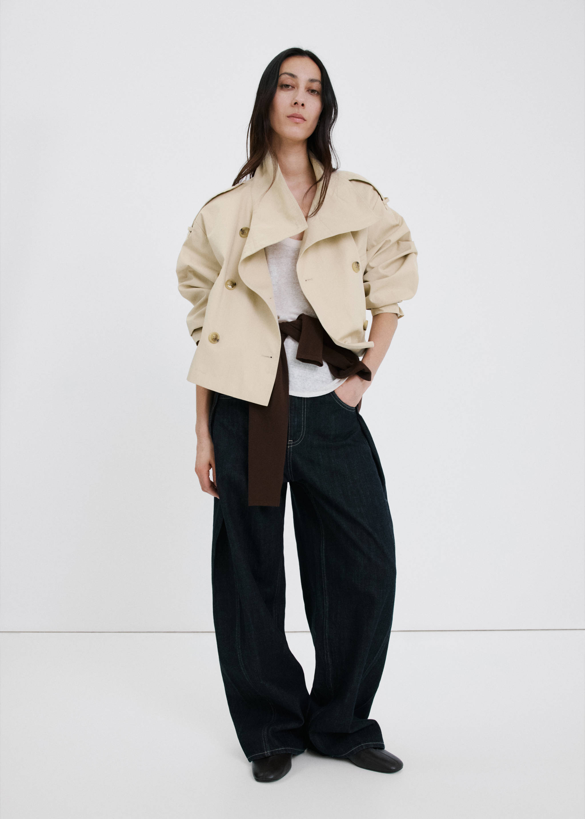 Funnel neck cropped trench coat - General plane
