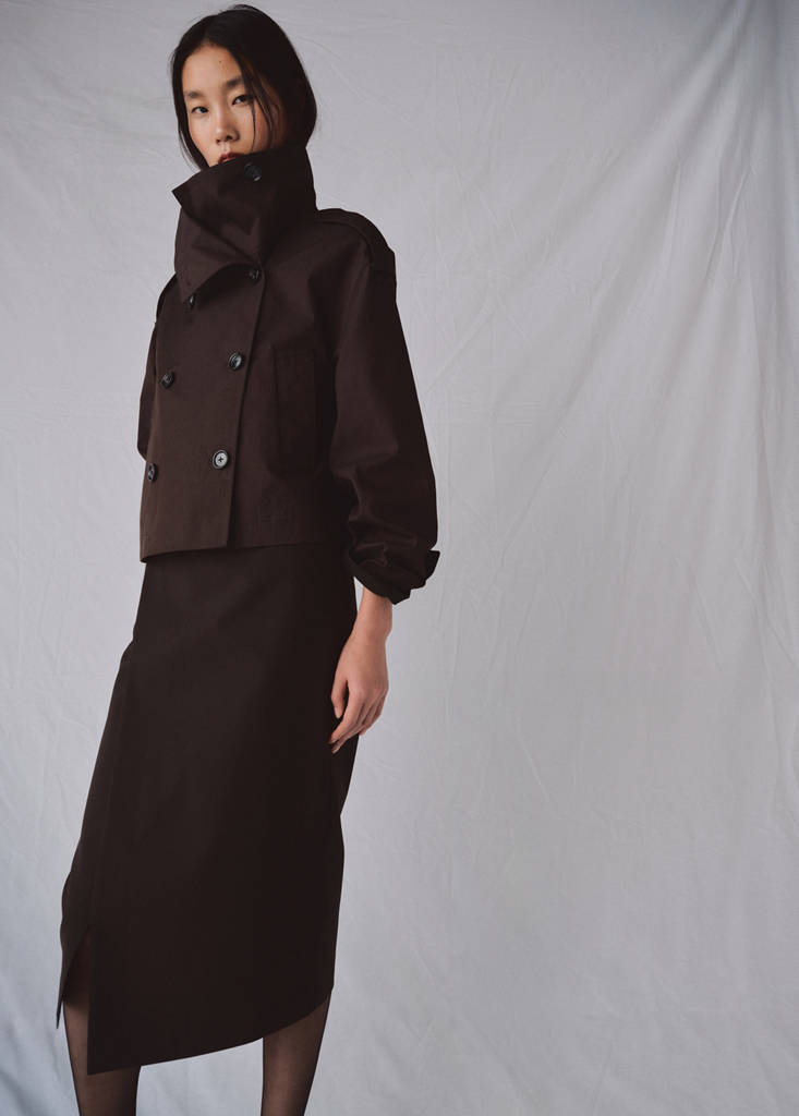 Funnel neck cropped trench coat — Chocolate