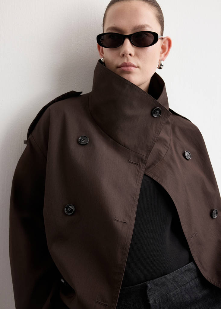 Funnel neck cropped trench coat — Chocolate