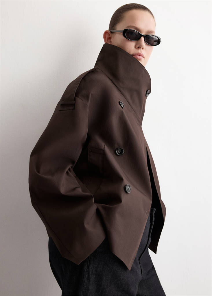 Funnel neck cropped trench coat — Chocolate
