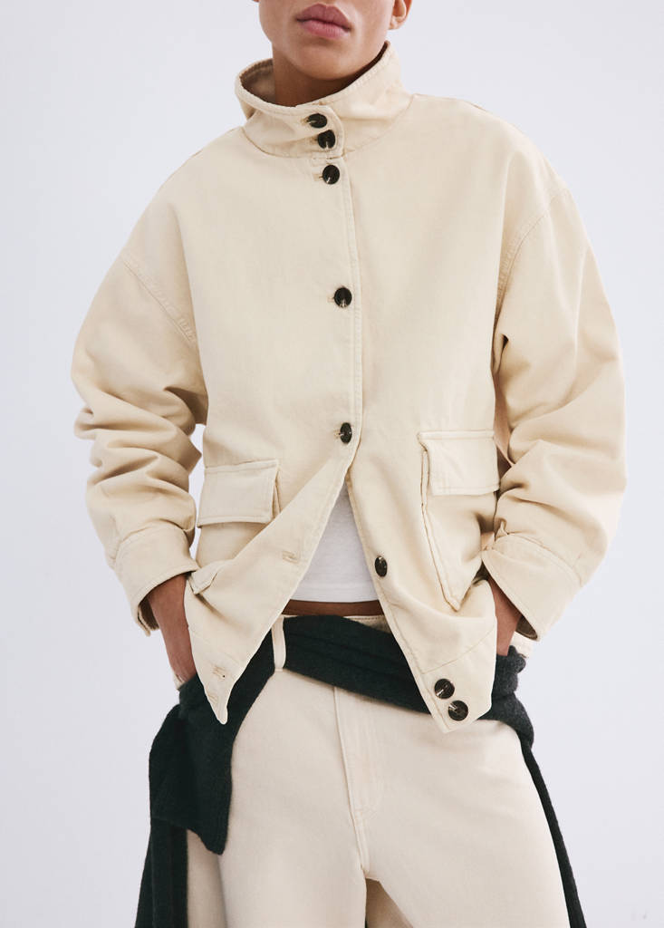 Denim parka with a stand-up collar