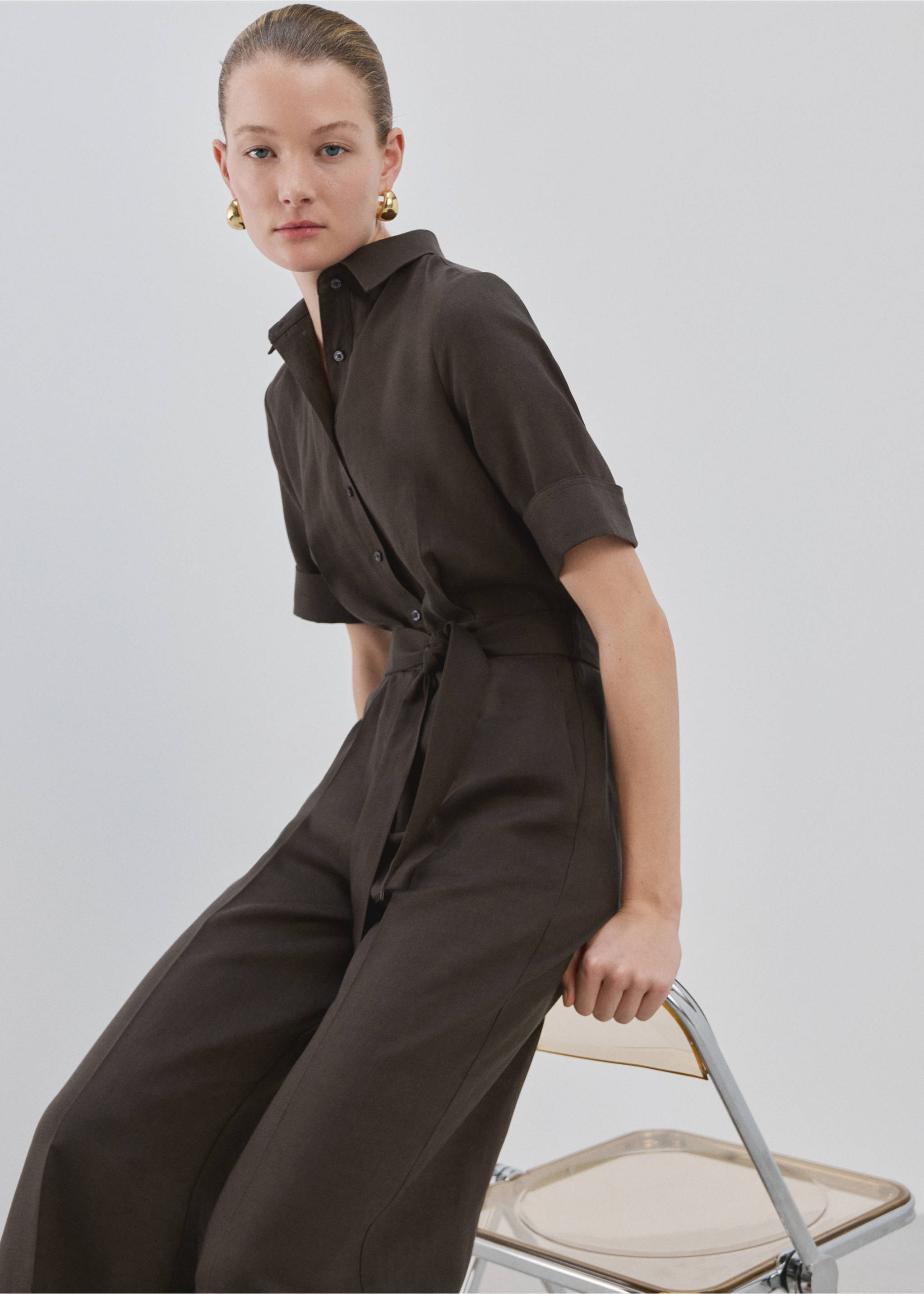Lyocell shirt jumpsuit - Details of the article 2, Brown. Ref: 27095830-00.
