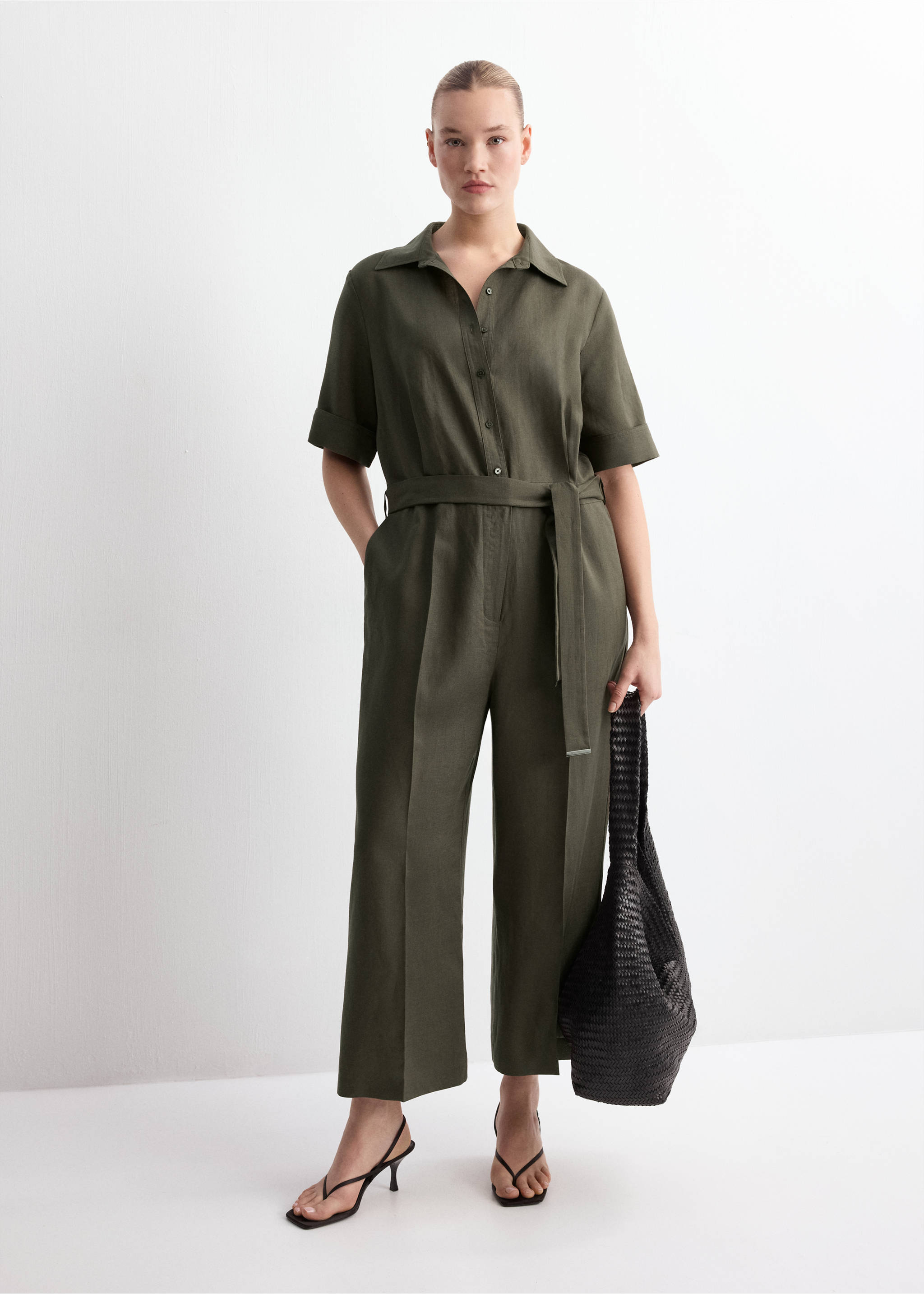 Lyocell shirt jumpsuit - Details of the article 3, Khaki. Ref: 27095830-00.
