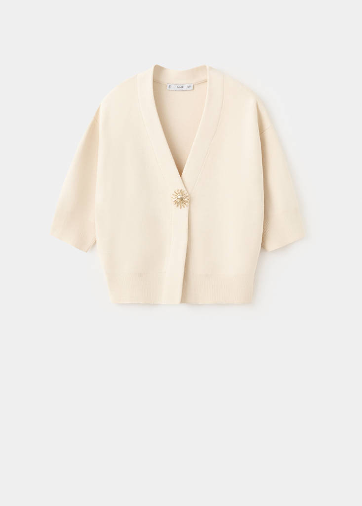 Knitted cardigan with jewel button — Ecru