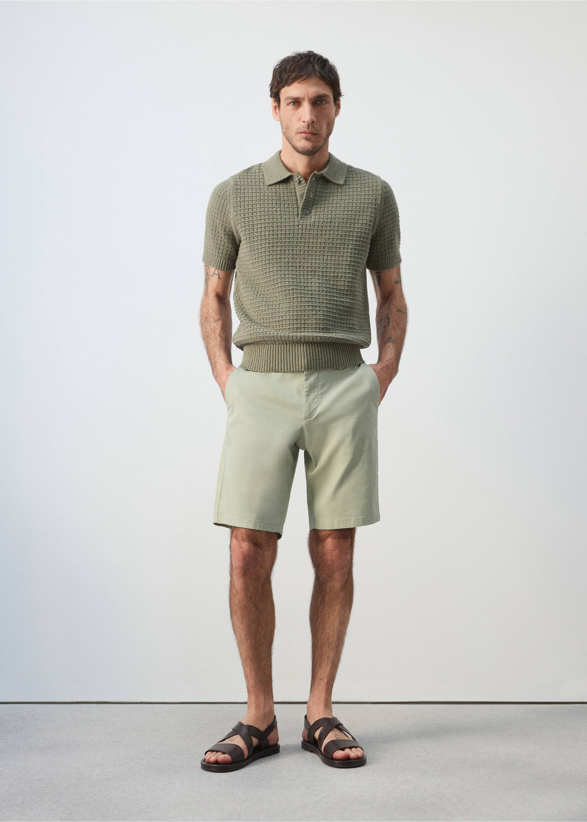 Slim-fit chino cotton bermuda shorts - General plane, Mint Green. Ref: 27095929-00.
