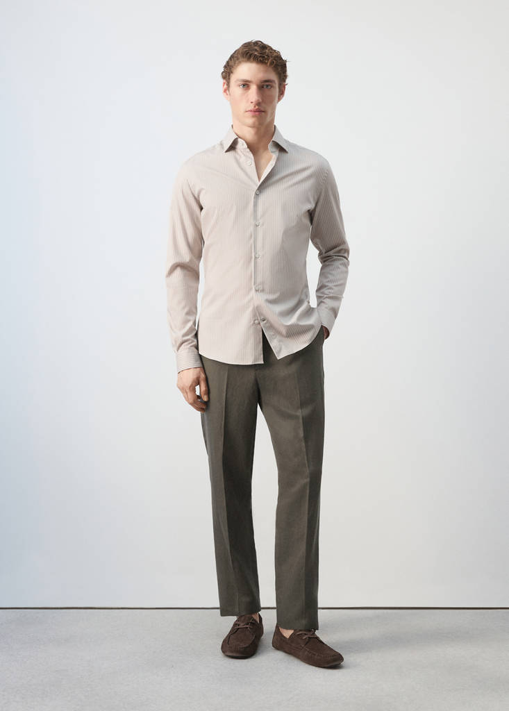 Slim fit striped cotton shirt — Sand