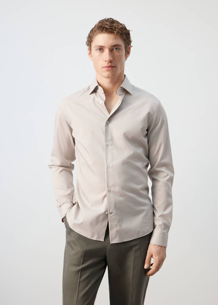 Slim fit striped cotton shirt — Sand