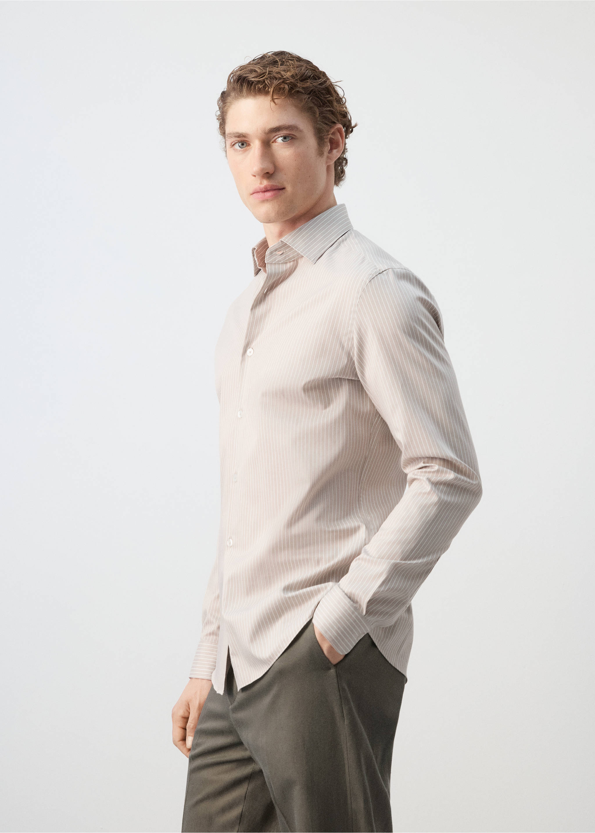 Slim fit striped cotton shirt - Details of the article 2, Sand. Ref: 27095934-01.