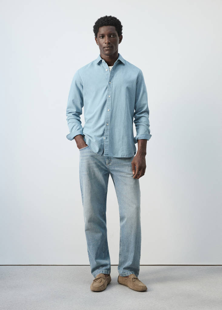 Regular fit denim shirt in cotton-linen — Light Blue