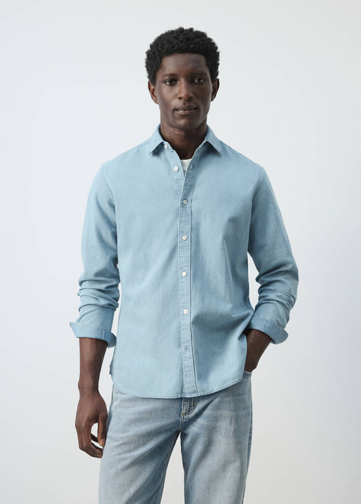 Regular fit denim shirt in cotton-linen — Light Blue