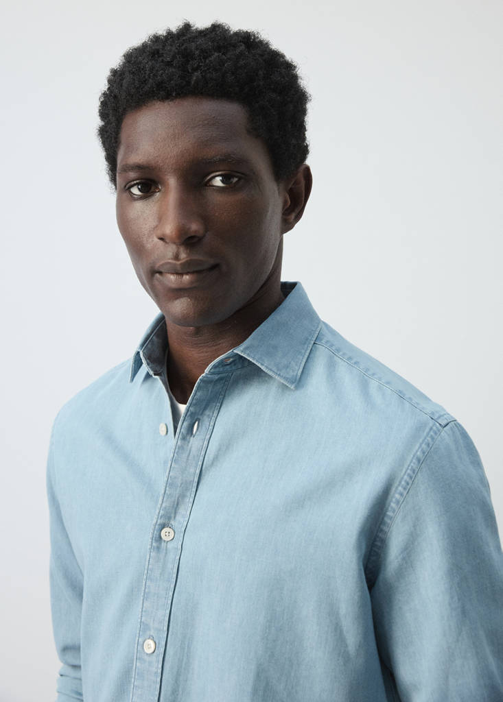 Regular fit denim shirt in cotton-linen — Light Blue