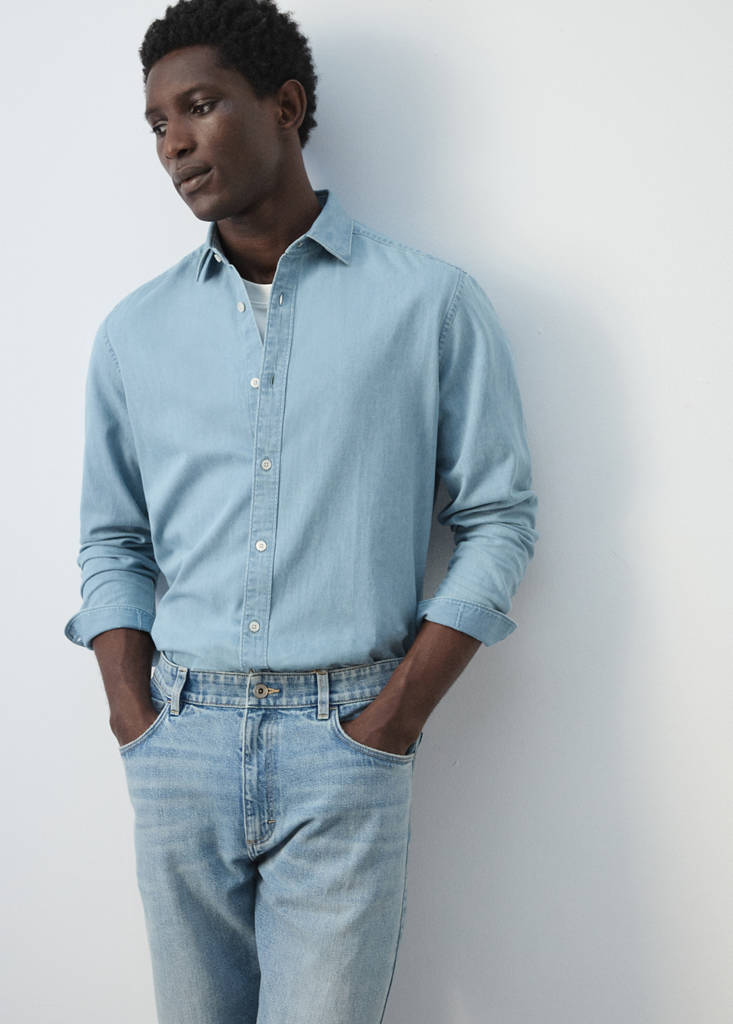 Regular fit denim shirt in cotton-linen — Light Blue