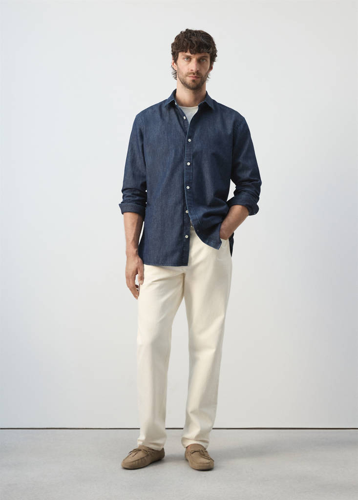 Regular fit denim shirt in cotton-linen — Dark Blue