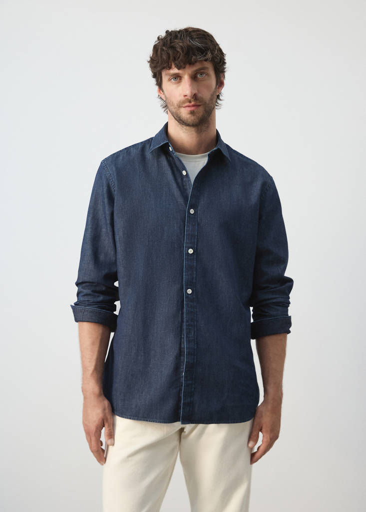 Regular fit denim shirt in cotton-linen — Dark Blue