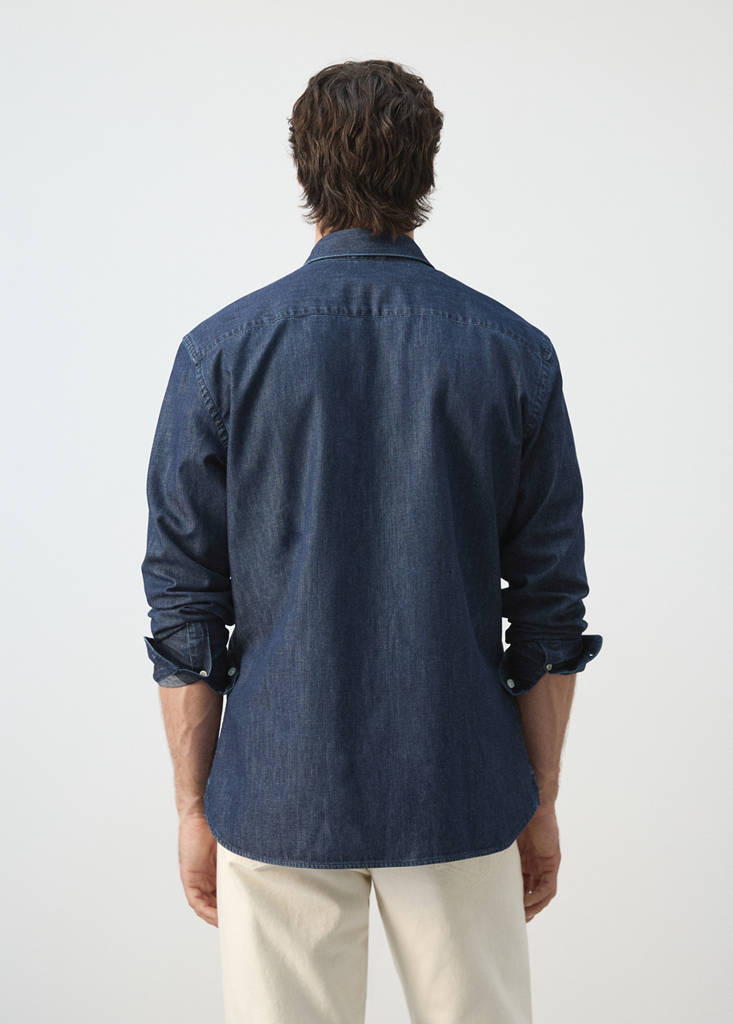 Regular fit denim shirt in cotton-linen — Dark Blue