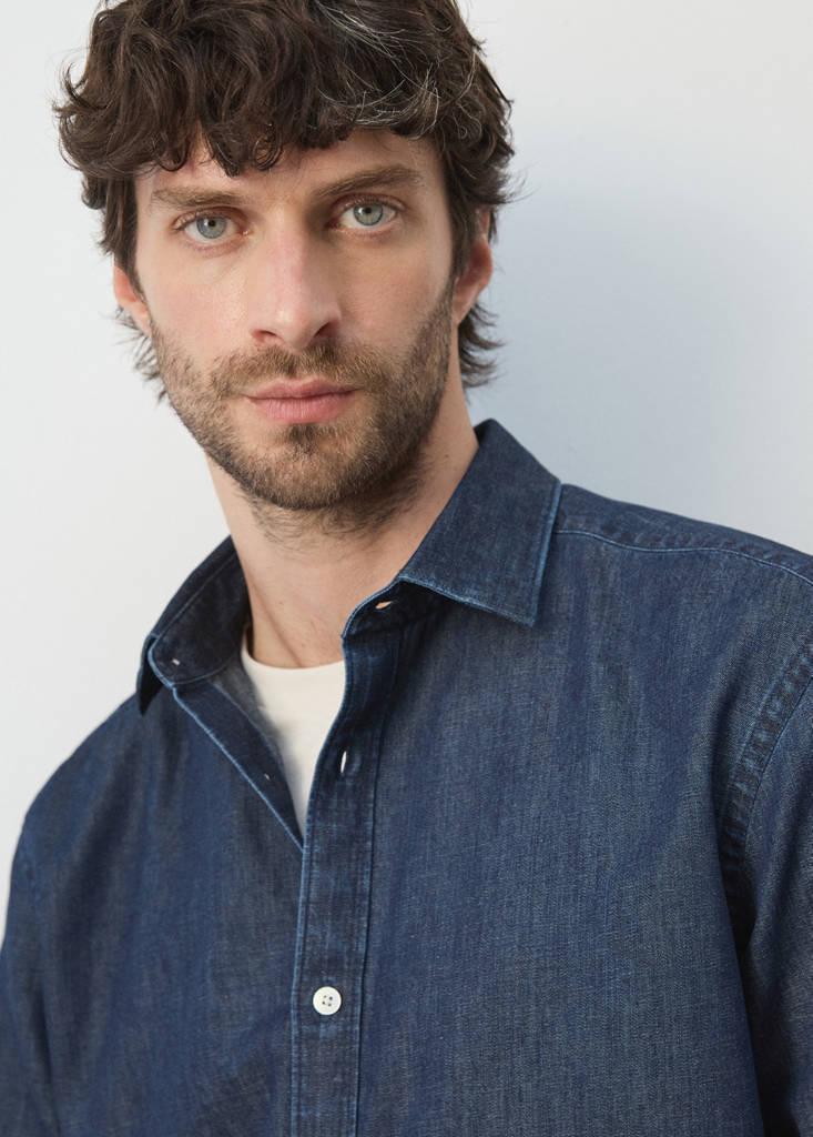 Regular fit denim shirt in cotton-linen — Dark Blue