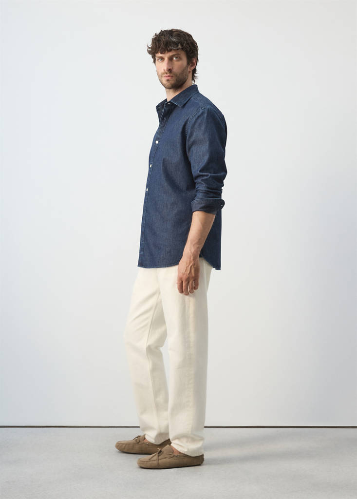Regular fit denim shirt in cotton-linen — Dark Blue