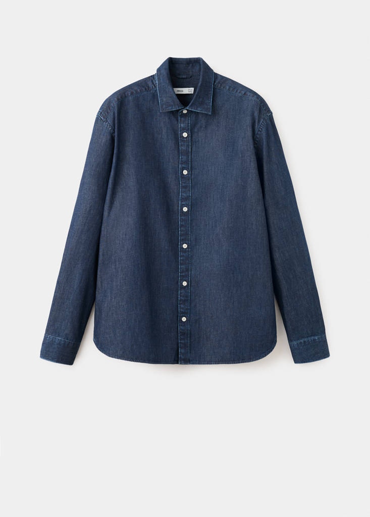 Regular fit denim shirt in cotton-linen — Dark Blue