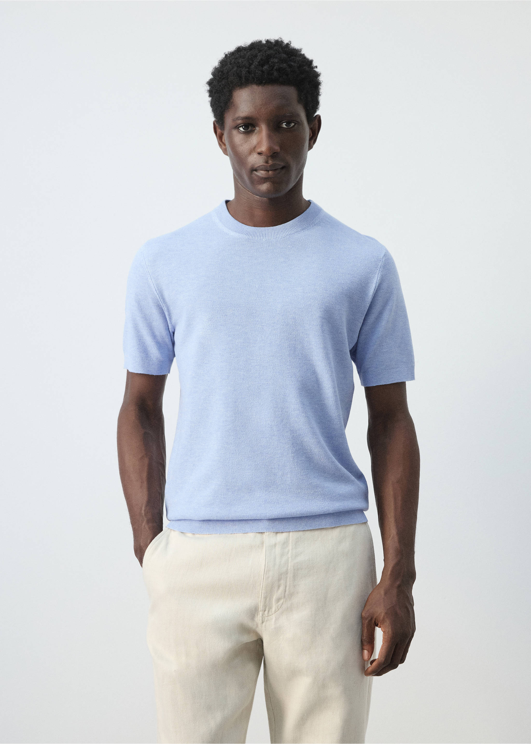 Fijngebreid katoenen T-shirt - Middenvlak, Hemelsblauw. Ref: 27095938-00.