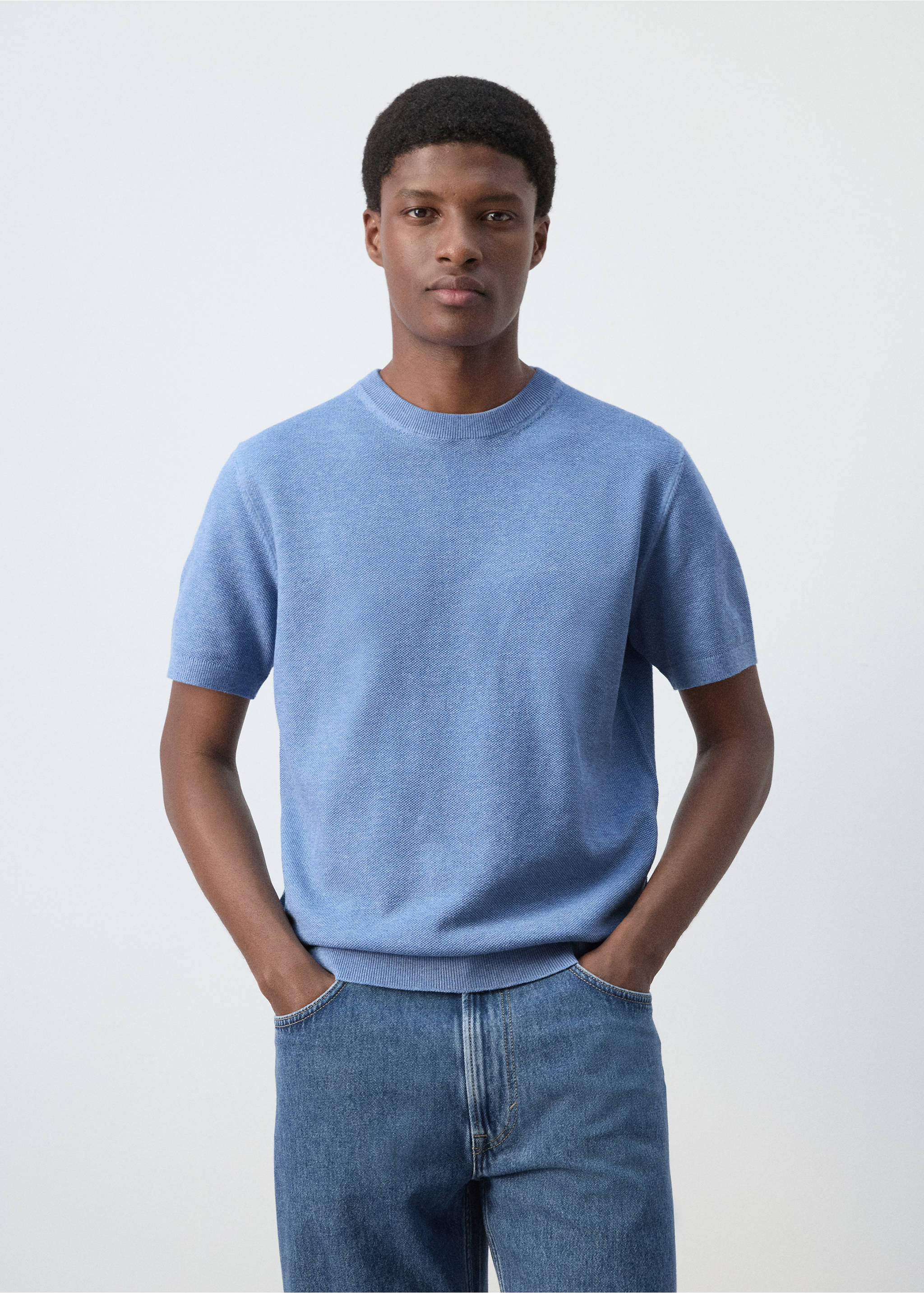 T-shirt maille fine coton - Plan moyen, Bleu porcelaine. Ref: 27095938-00.