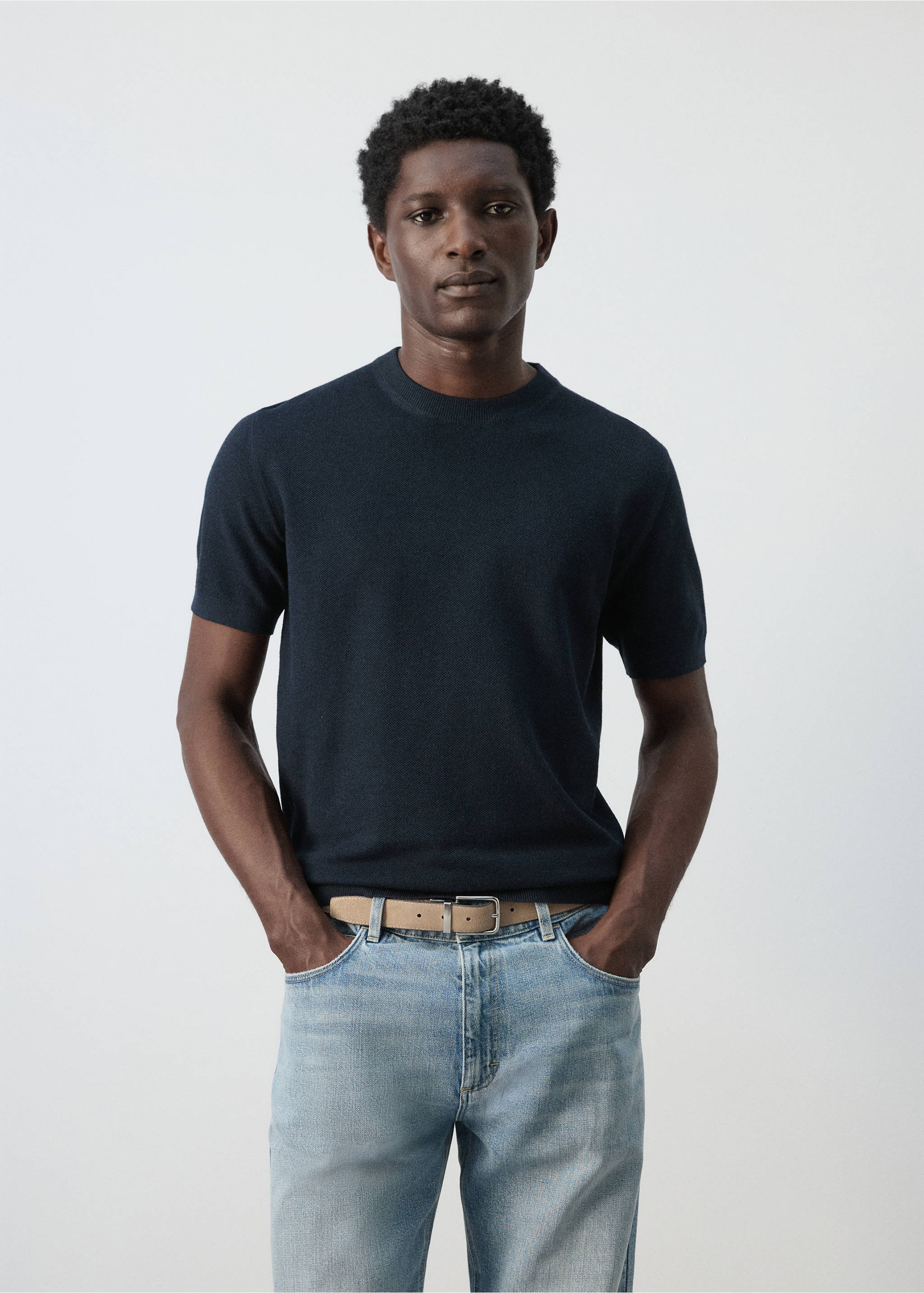 Fijngebreid katoenen T-shirt - Middenvlak, Marineblauw. Ref: 27095938-00.