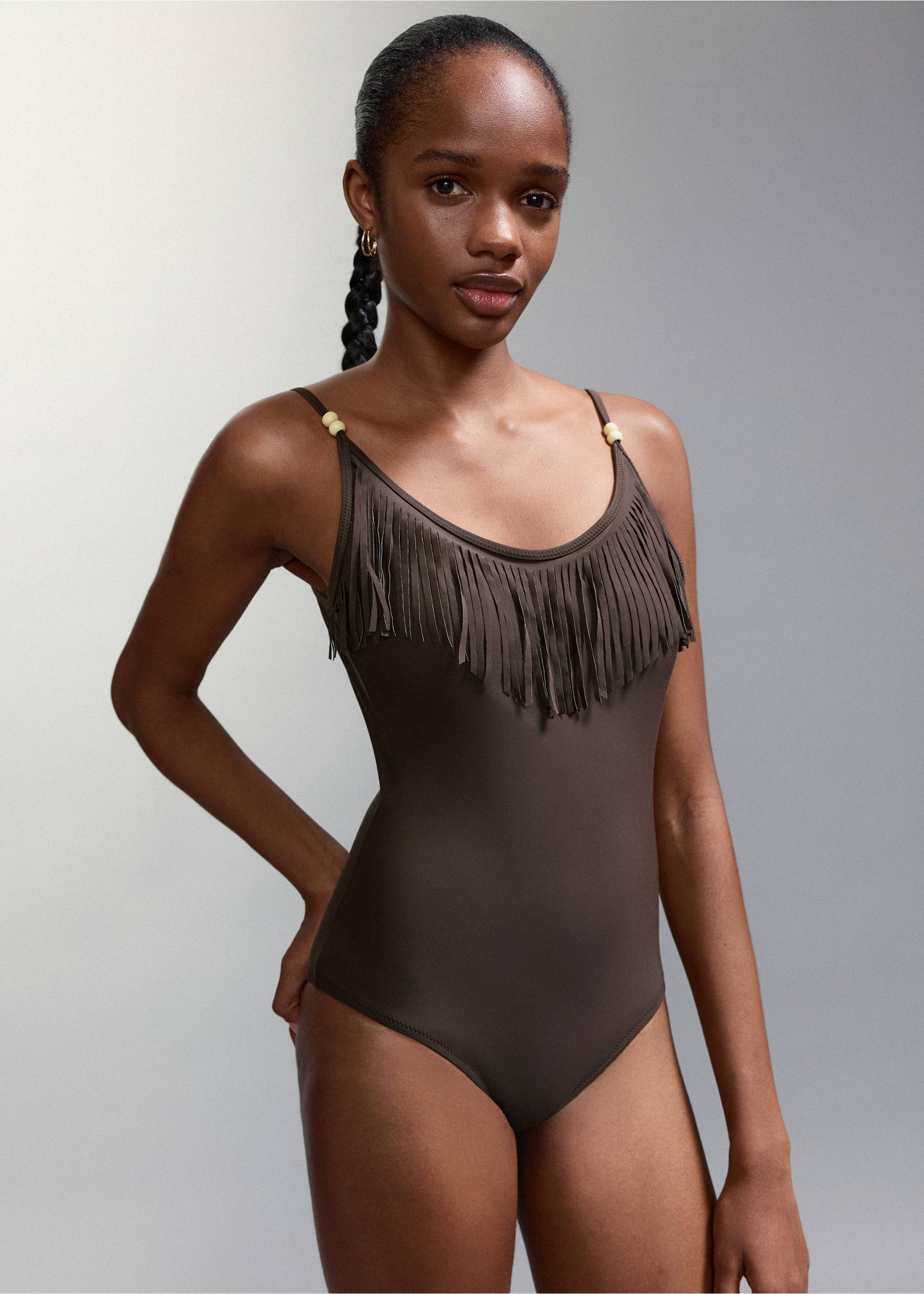 Fringed bikini with mid-rise bottoms - Medium plane, Brown. Ref: 27095943-00.