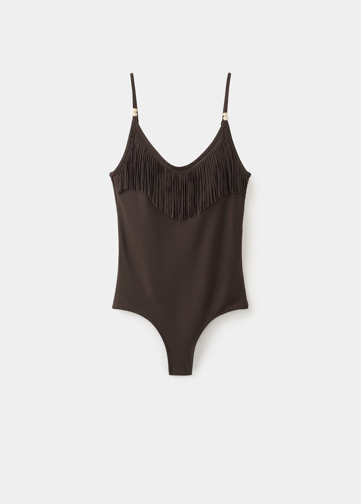 Fringed bikini with mid-rise bottoms — Brown