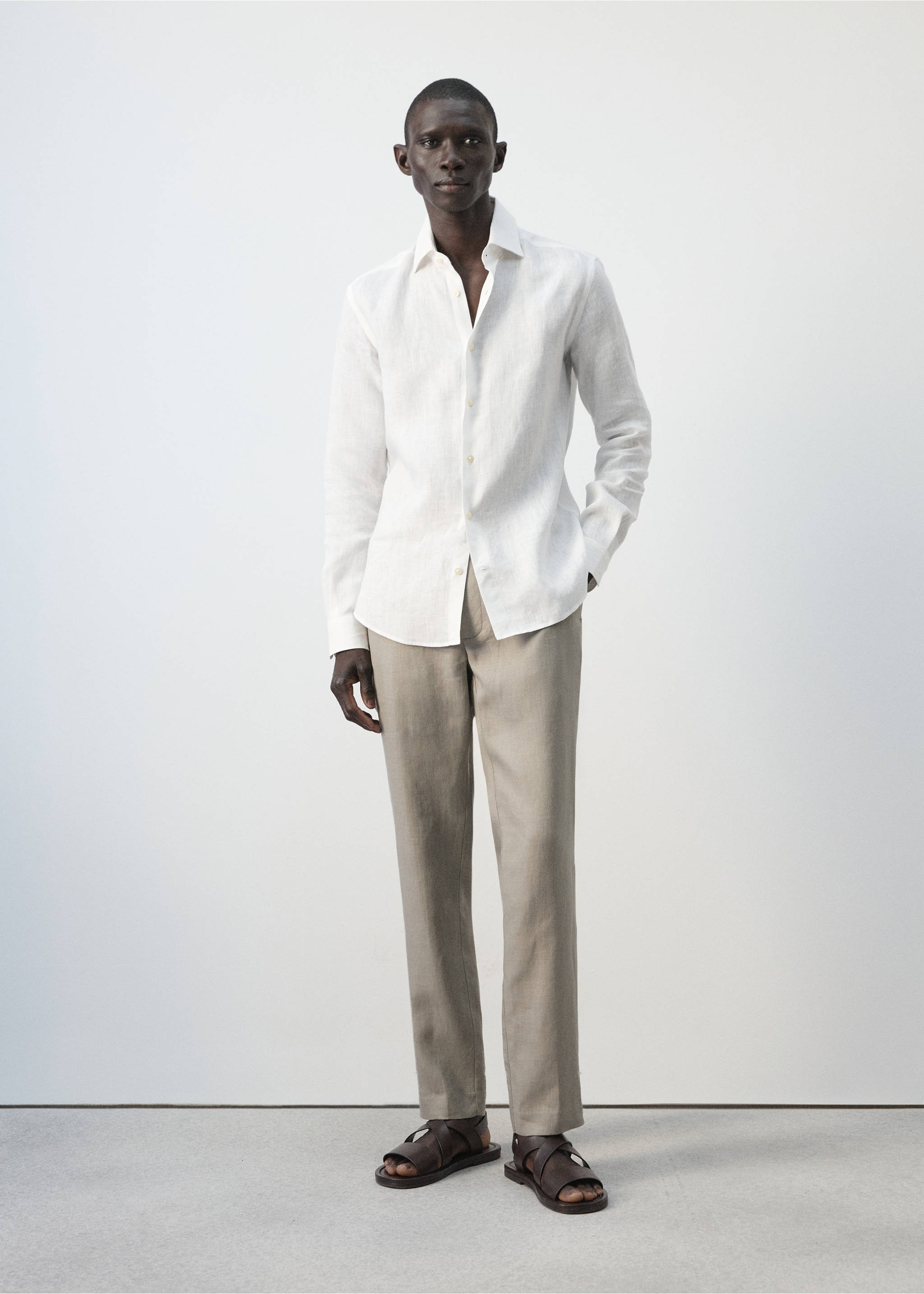 Рубашка slim fit 100% лен - Общий план, Белый. Ref: 27095947-00.