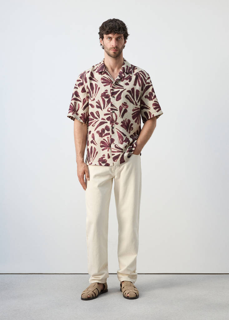 Printed flowing shirt with bowling collar — Purple