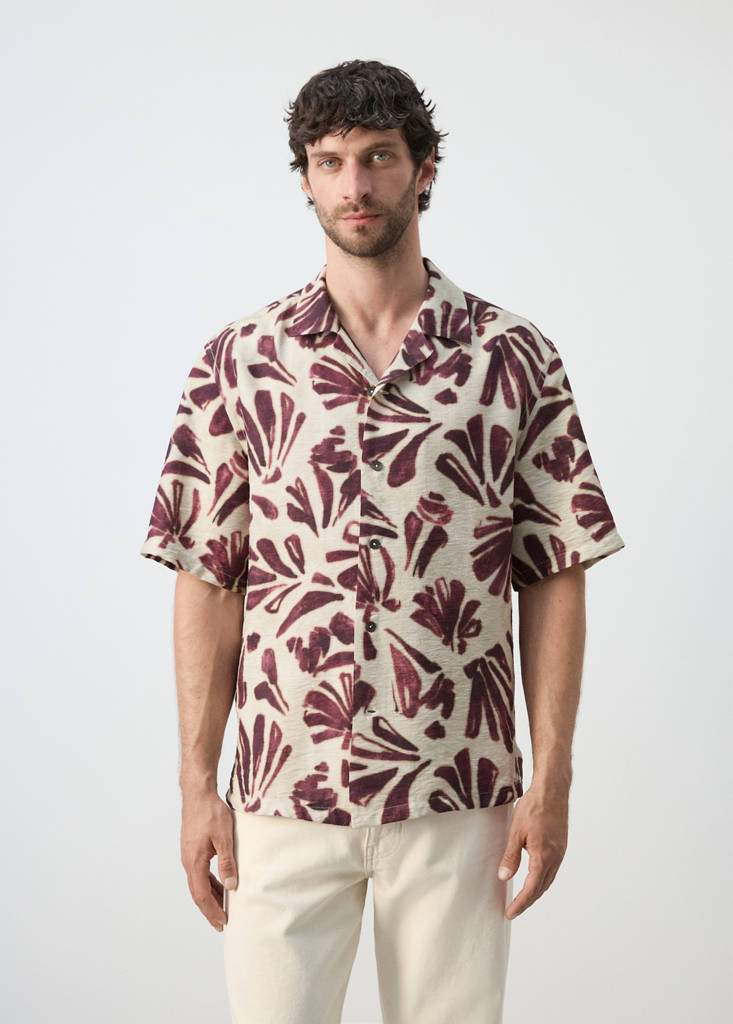 Printed flowing shirt with bowling collar — Purple