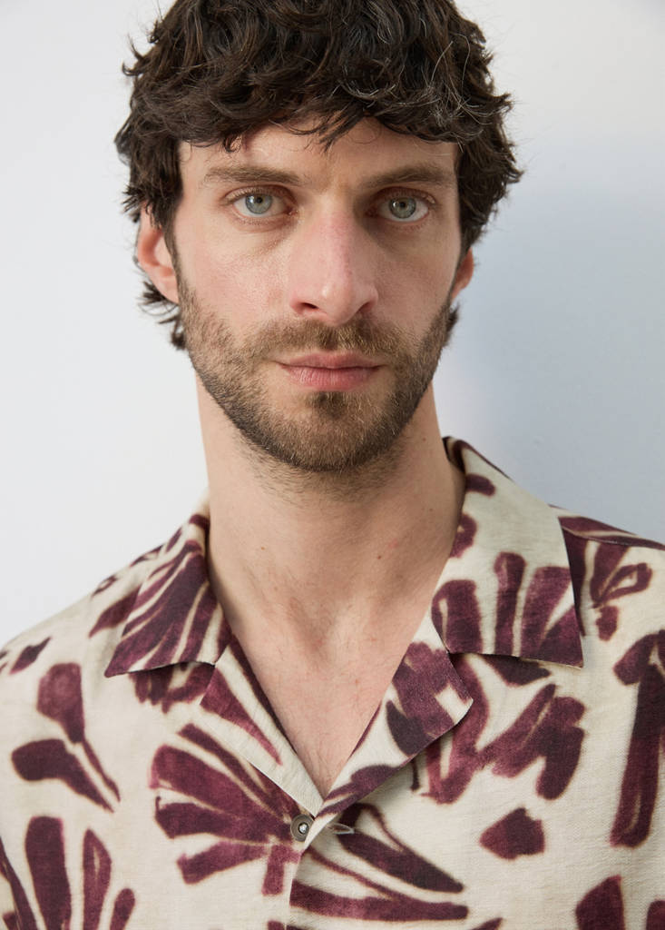 Printed flowing shirt with bowling collar — Purple