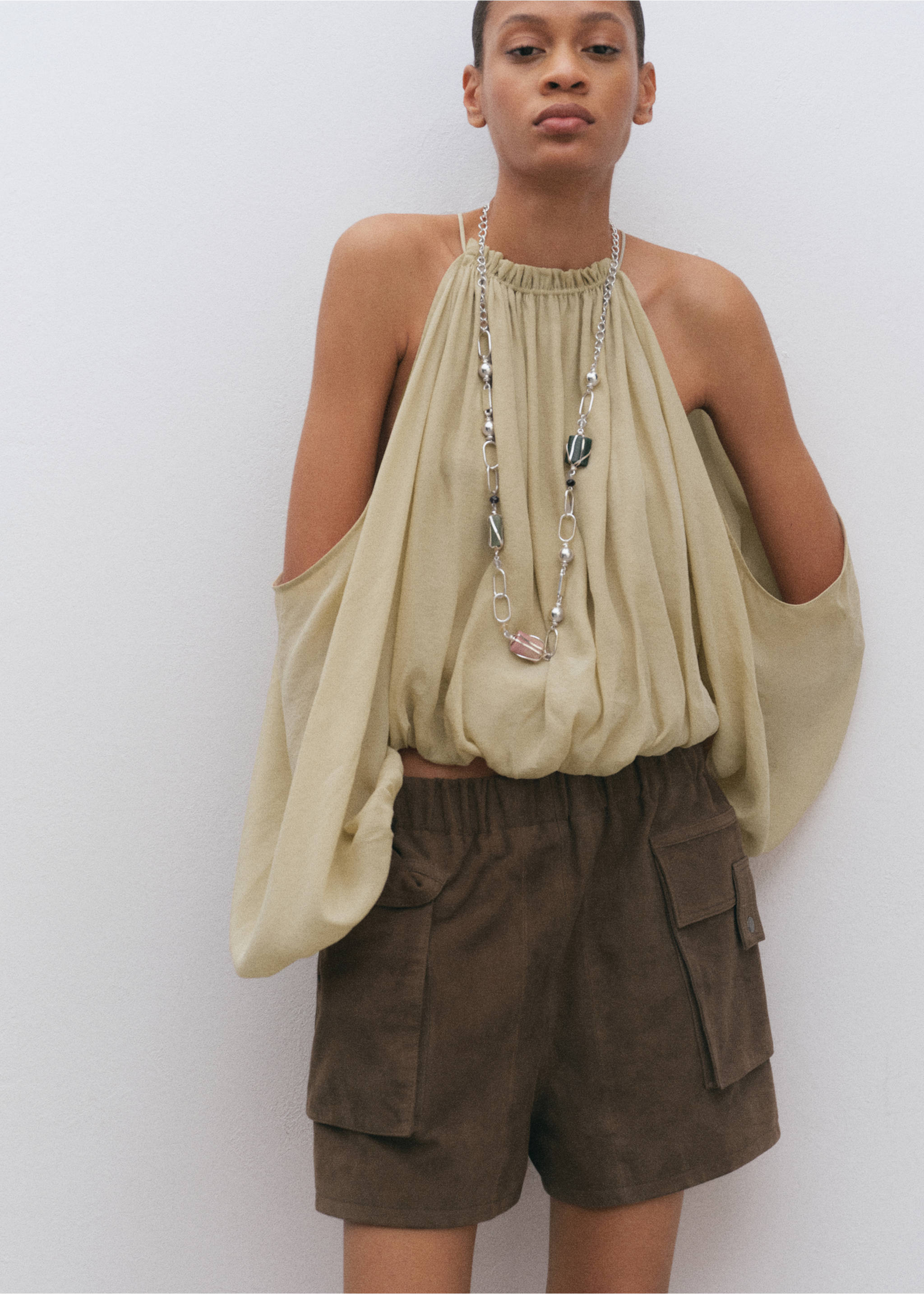 Off-the-shoulder lyocell blouse - Medium plane, Green. Ref: 27095995-00.