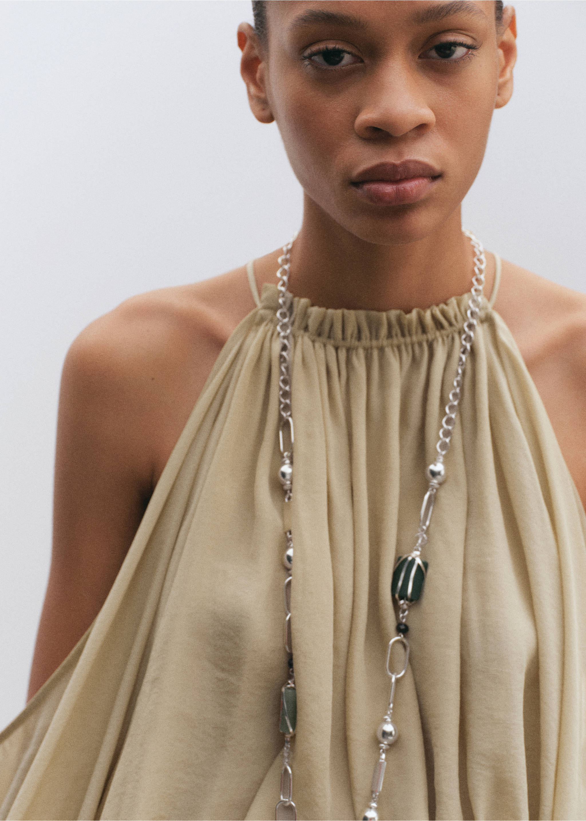 Off-the-shoulder lyocell blouse - Details of the article 1, Green. Ref: 27095995-00.