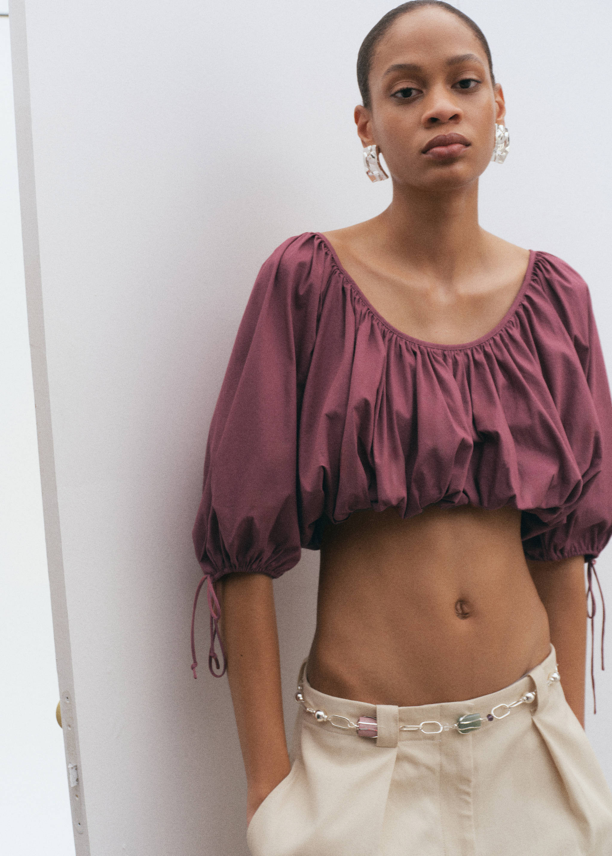Puff-sleeved cropped blouse - Medium plane