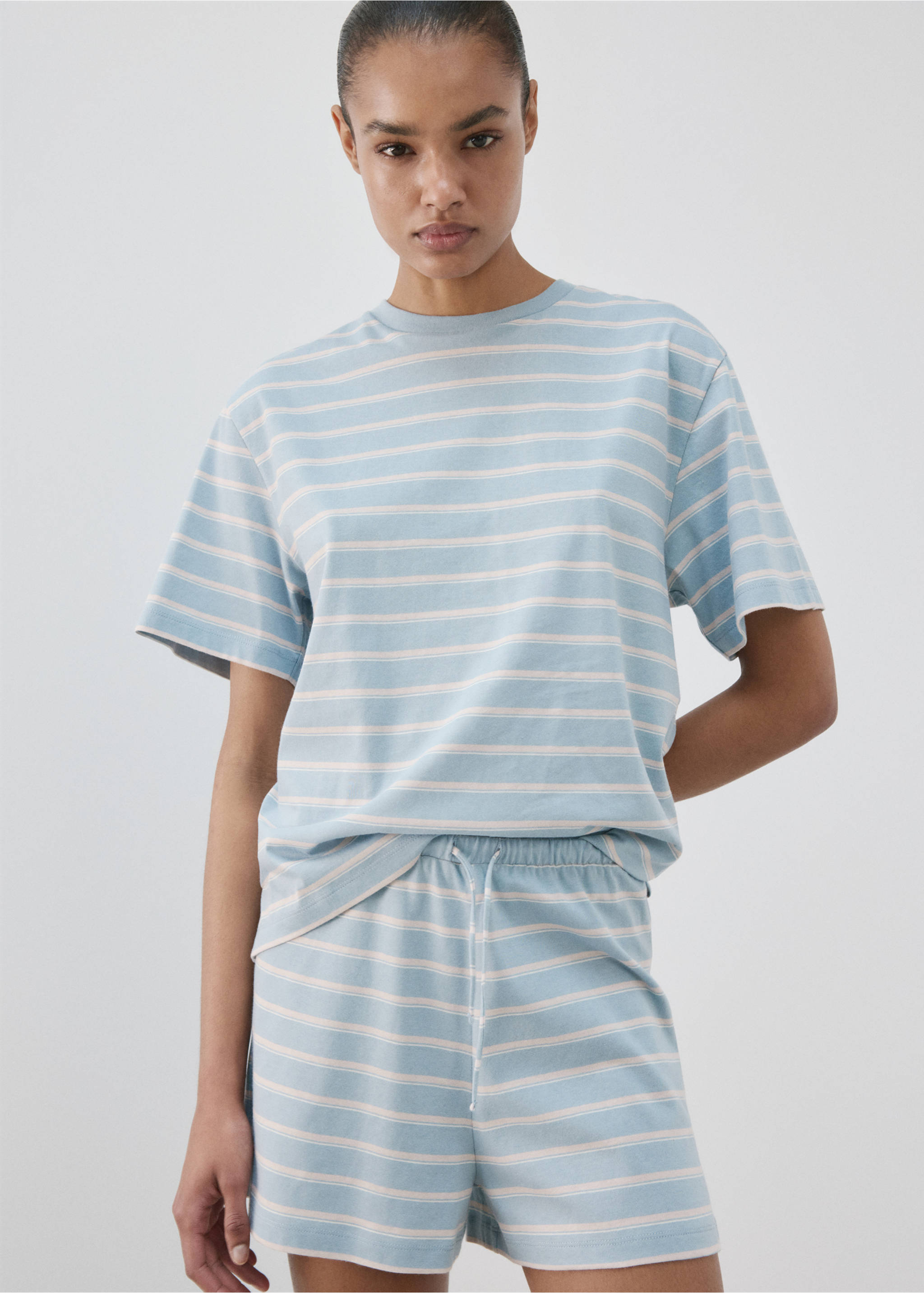 Cotton striped pyjama shorts - Details of the article 3, Blue. Ref: 27096001-00.
