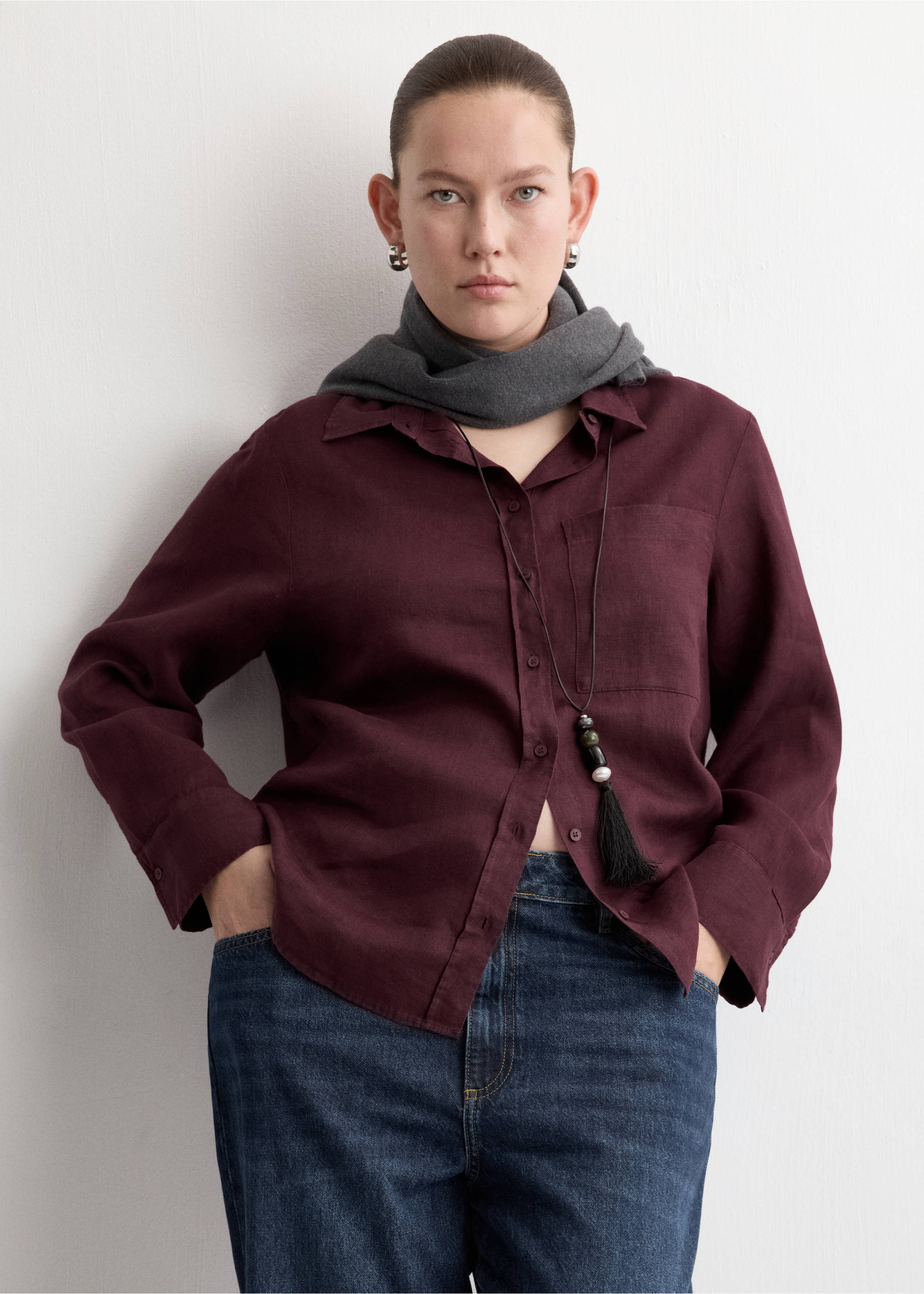 Chemise lin poche - Détail de l'article 5, Prune. Ref: 27096345-00.