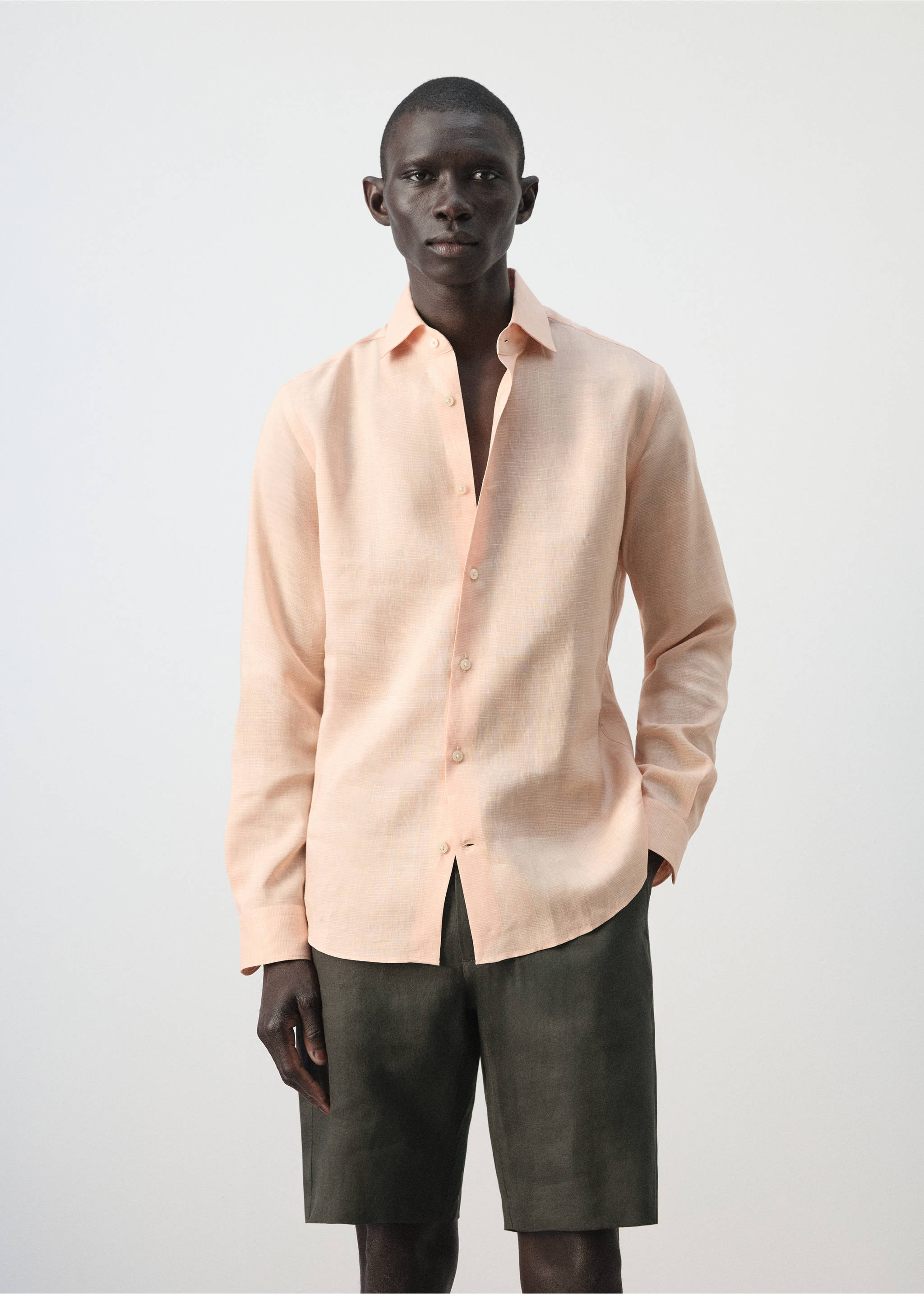 100% linen slim-fit shirt - Medium plane, Peach. Ref: 27096709-00.