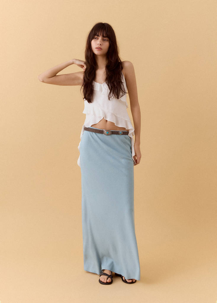 Linen-blend straight skirt — Sky Blue