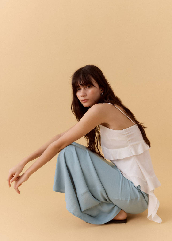 Linen-blend straight skirt — Sky Blue