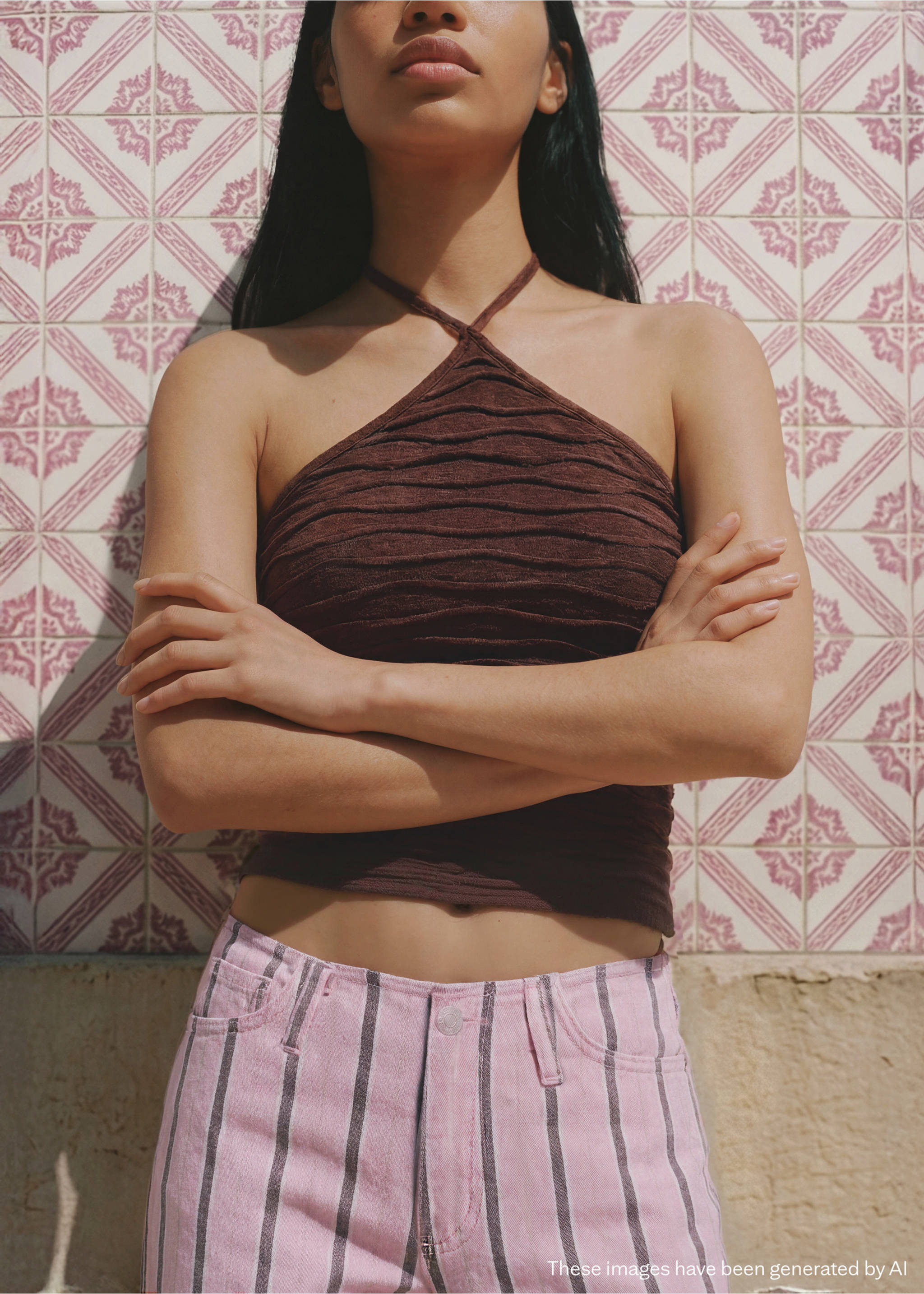 Texans cintura baixa estampat ratlles - Pla mig, Rosa pastel. Ref: 27096725-00.