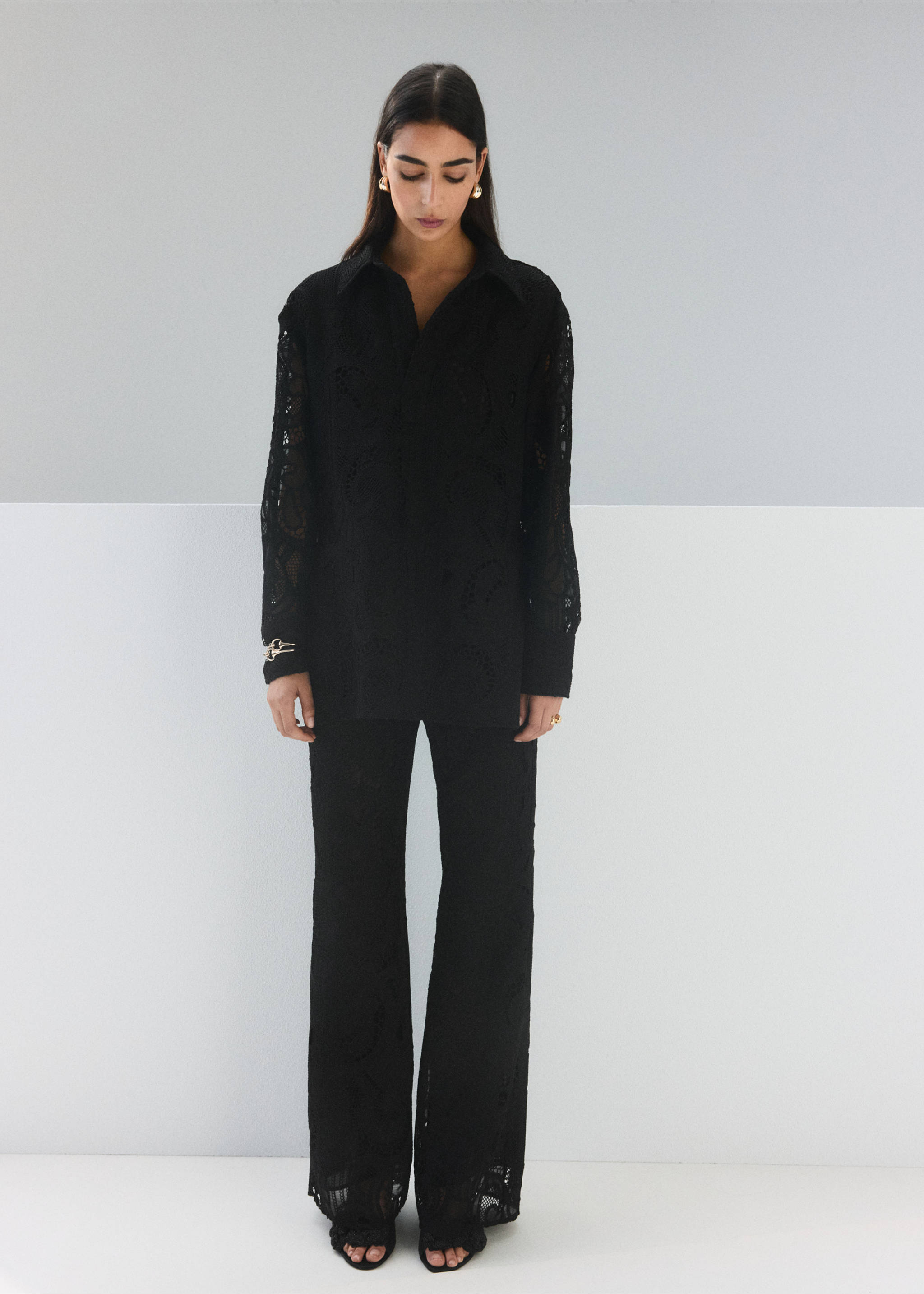 Embroidered openwork blouse - General plane, Black. Ref: 27097135-00.