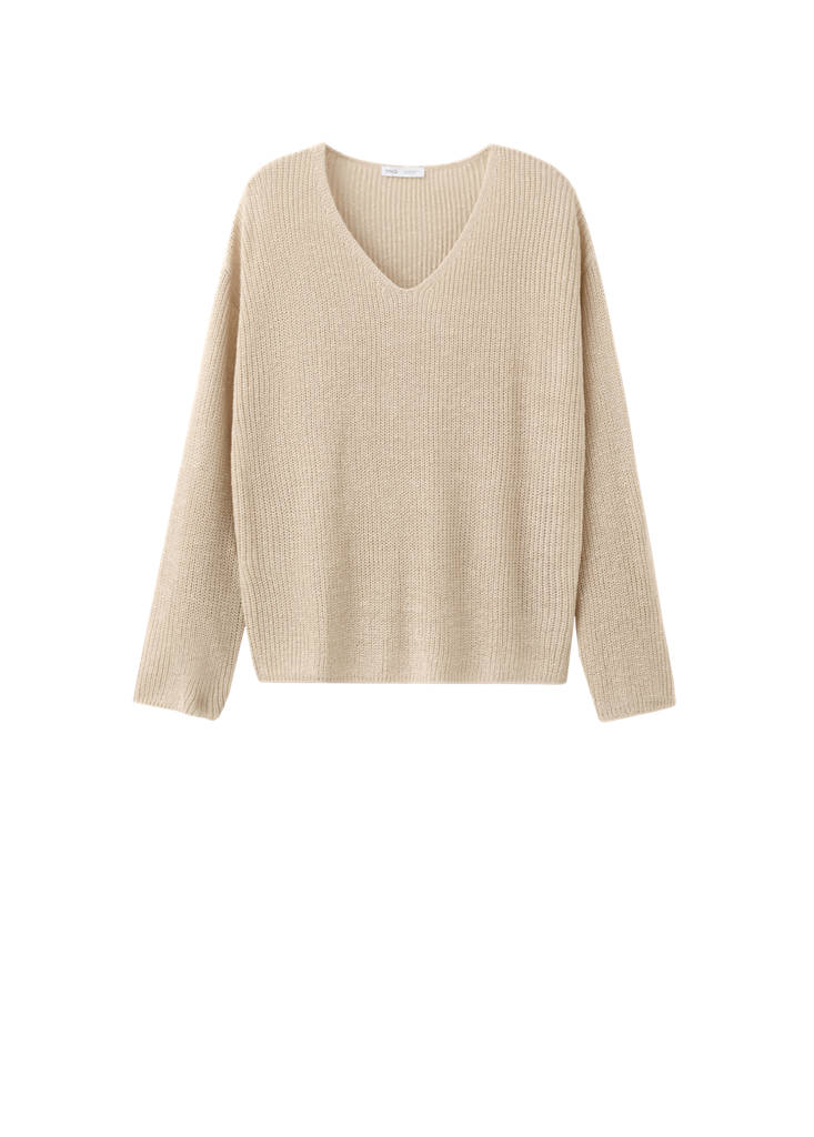 V-neck openwork knitted sweater — Sand