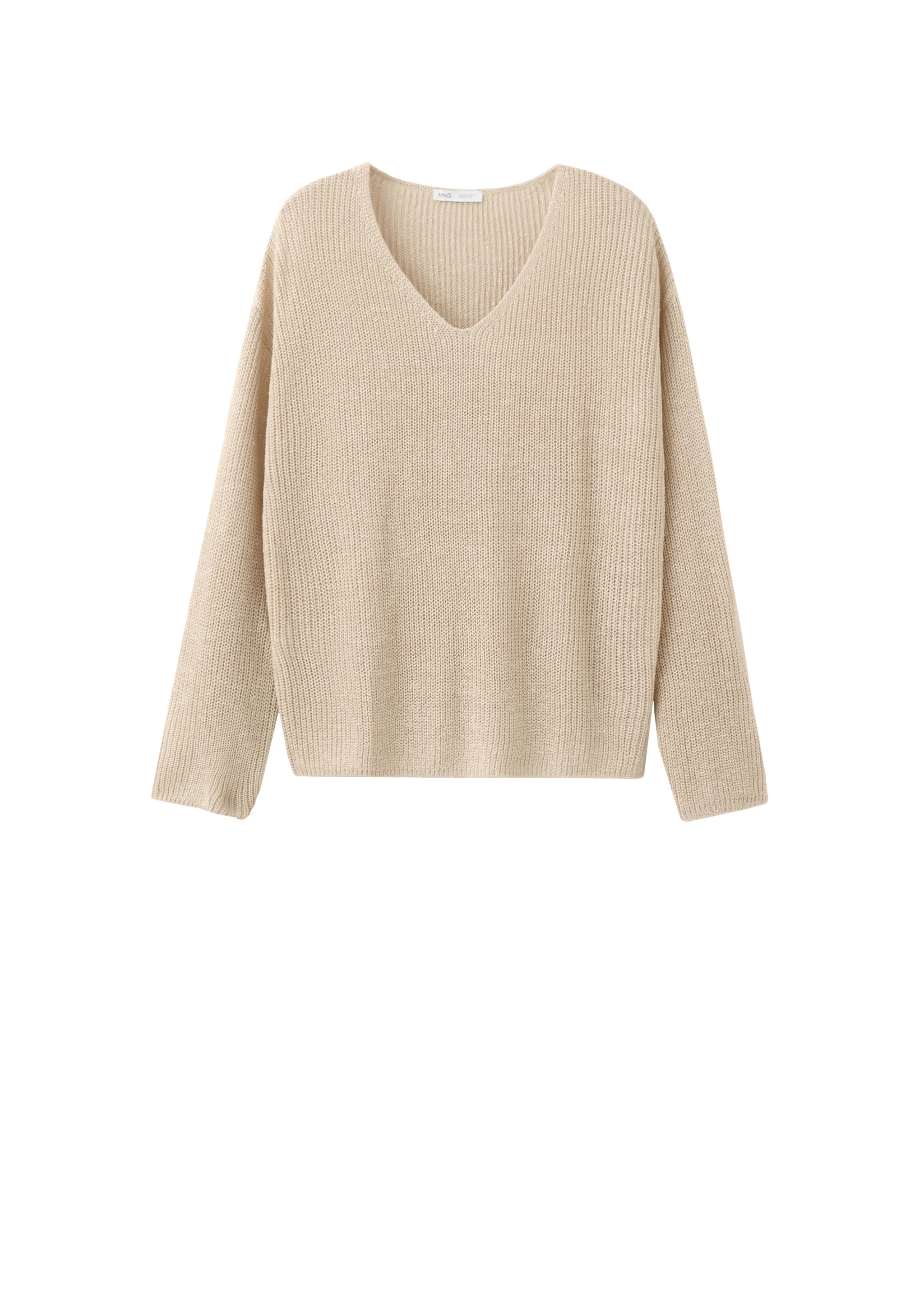 V-neck openwork knitted sweater - Details of the article 7, Sand. Ref: 27097136-00.
