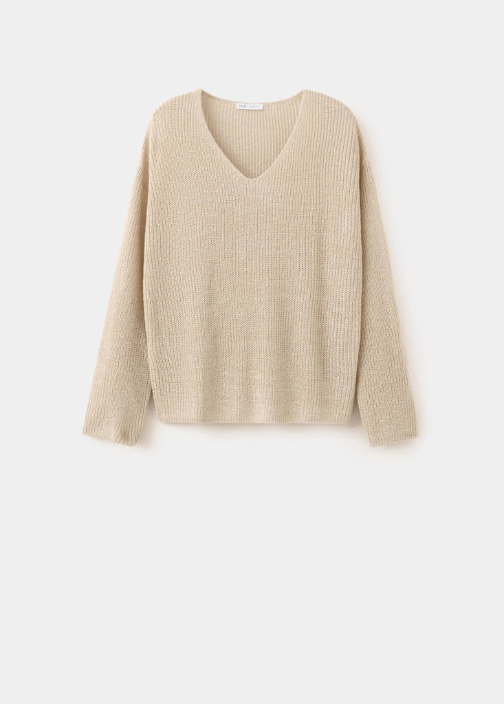 V-neck openwork knitted sweater — Sand