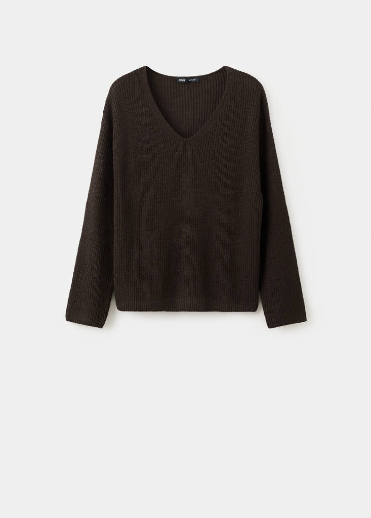 V-neck openwork knitted sweater — Chocolate