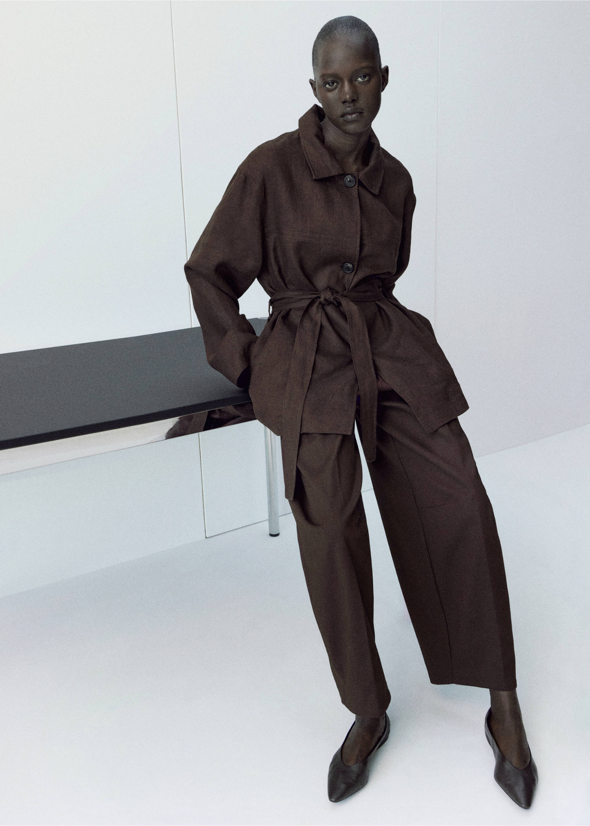 Linen jacket with belt - General plane, Chocolate. Ref: 27097138-00.