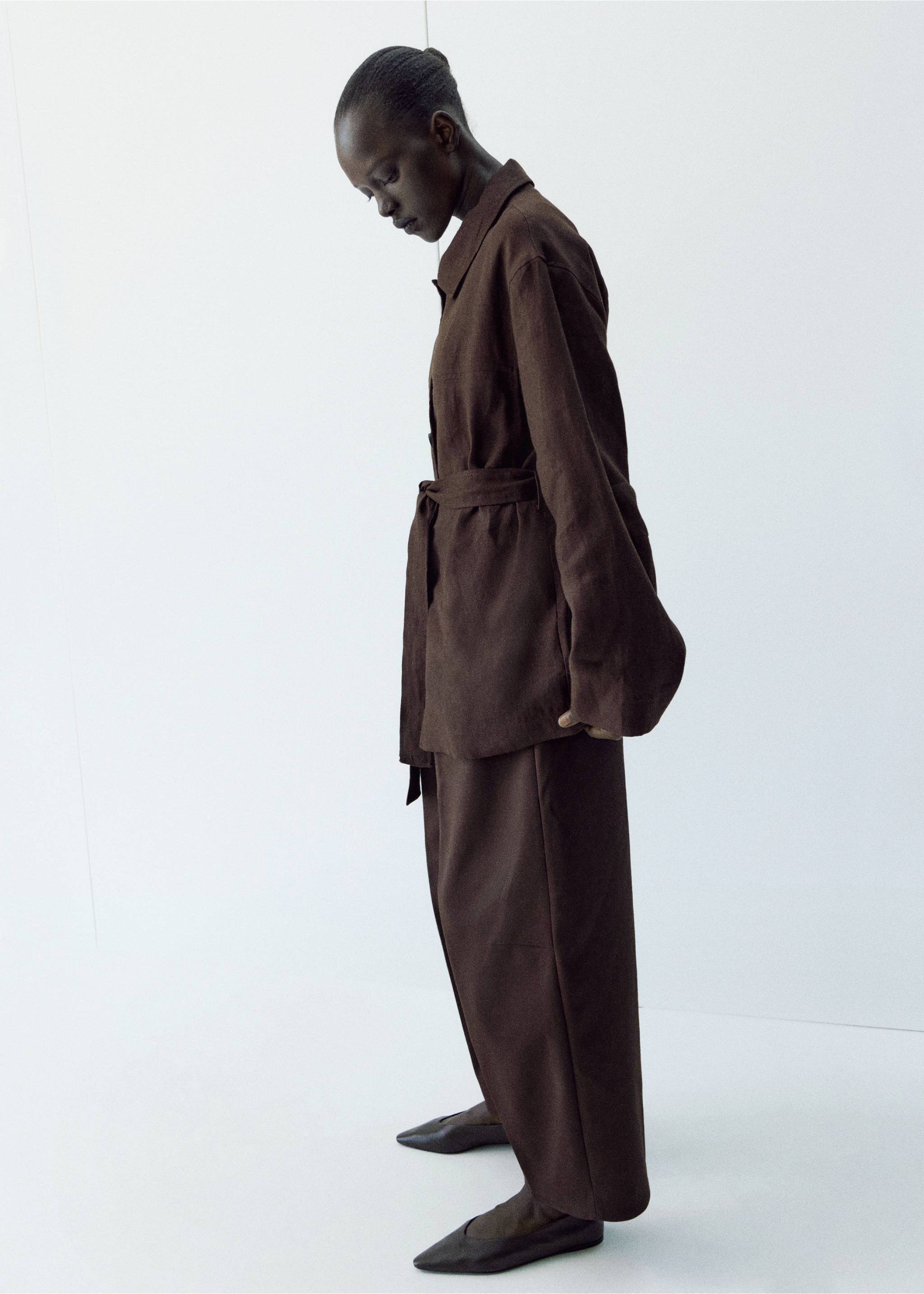 Linen jacket with belt - Medium plane, Chocolate. Ref: 27097138-00.